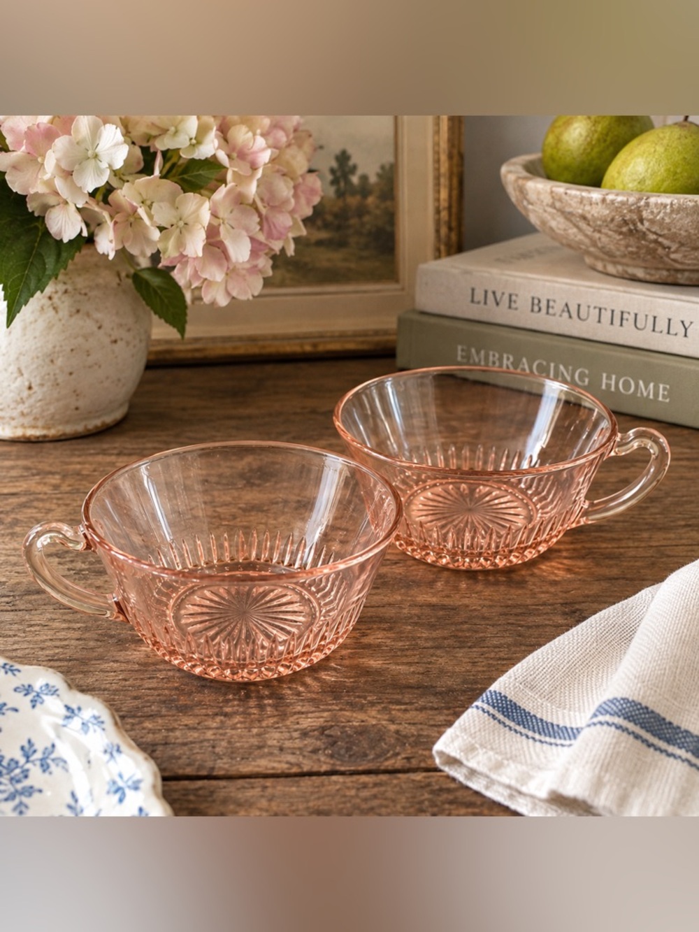 Vintage Anchor Hocking Lace Edge Pink Depression Glass Cups Set of 2